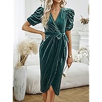 Fall Dresses for Women 2023 Elegant Dark Green Puff Sleeve Wrap Belted Velvet Dress Dresses for Women (Color : Dark Green, Size : X-Large)