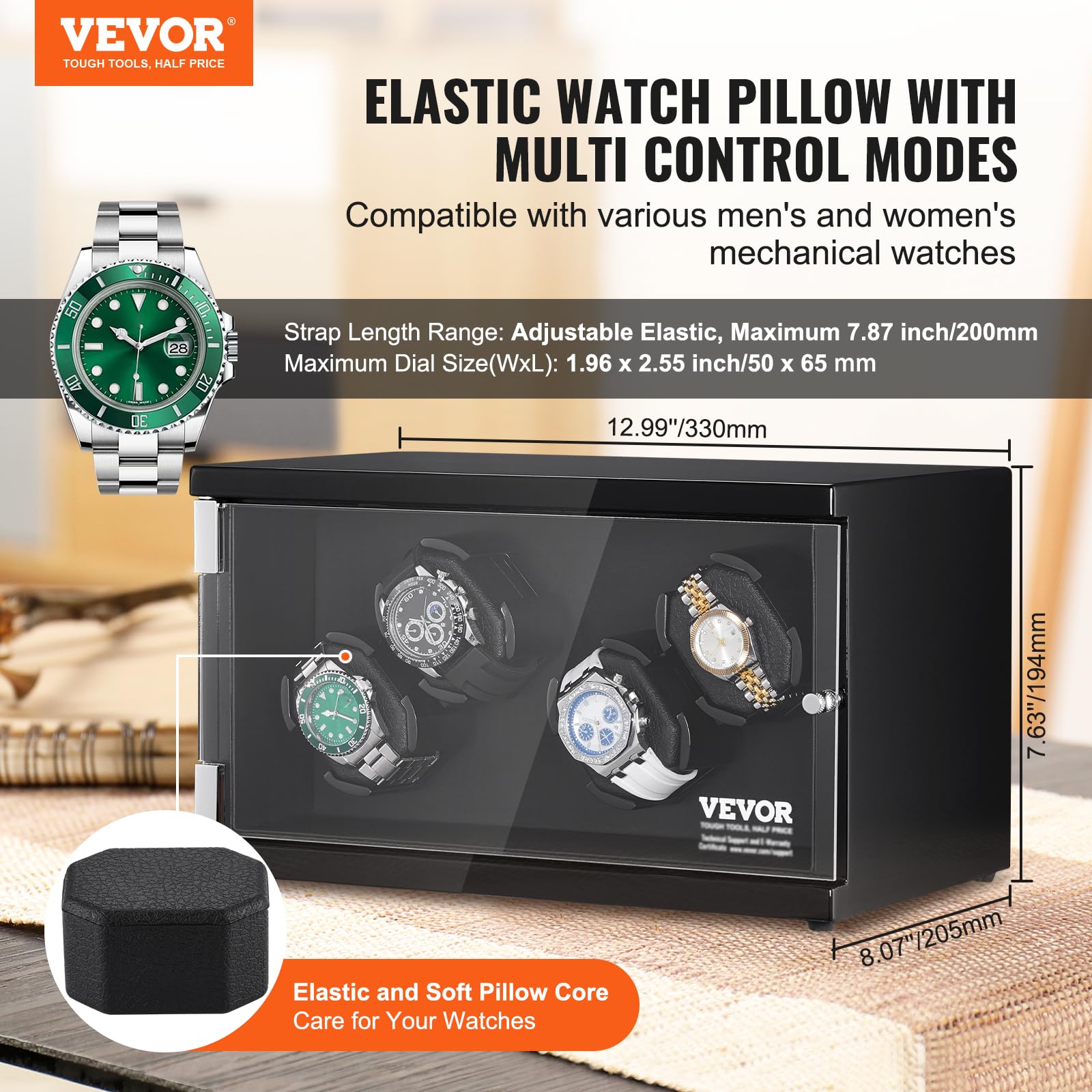 VEVOR Watch Winder, Rotating Watch Box for High-End Automatic Watches, 4 Watch Winder Case with Quiet Japanese Motors, LED Light, Adjustable Direction and Speed, Multi Modes