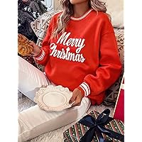 Christmas Slogan Graphic Striped Trim Pullover (Color : Red, Size : Large)