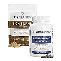 Real Mushrooms Vitamin D2, Chelated Zinc, Chaga, Reishi (120ct) and Organic Lion's Mane Powder (60 Servings) Bundle - Immunity and Cognitive Support, Improved Absorption - Vegan, Gluten Free, Non-GMO