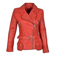 Ladies Real Leather Hip Length Belted Biker Style Casual Jacket Celia Red