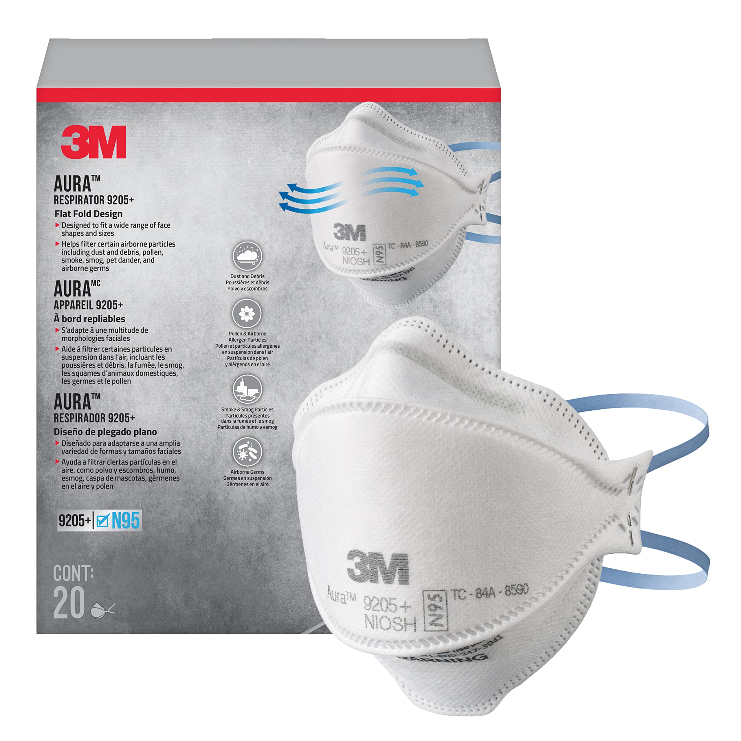 3M 9205+ Aura Particulate N95 Respirator, Flat Fold Non-Valved Disposable Respirator, White, 20 Pack