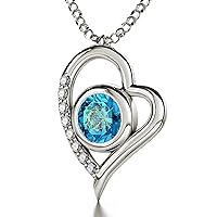 925 Sterling Silver Heart Necklace Ayatul Kursi Pendant Inscribed in 24k Gold on Blue Crystal, 18