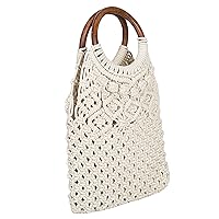 Handwoven Boho Macrame Crochet Wooden Cotton Thread Carry Handbag Size 28 x 43 cm, White