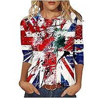 4th of July T Shirts for Women 3/4 Sleeve Round Neck Cute Patriotic Shirts Casual Print Three Quarter Length T Shirt