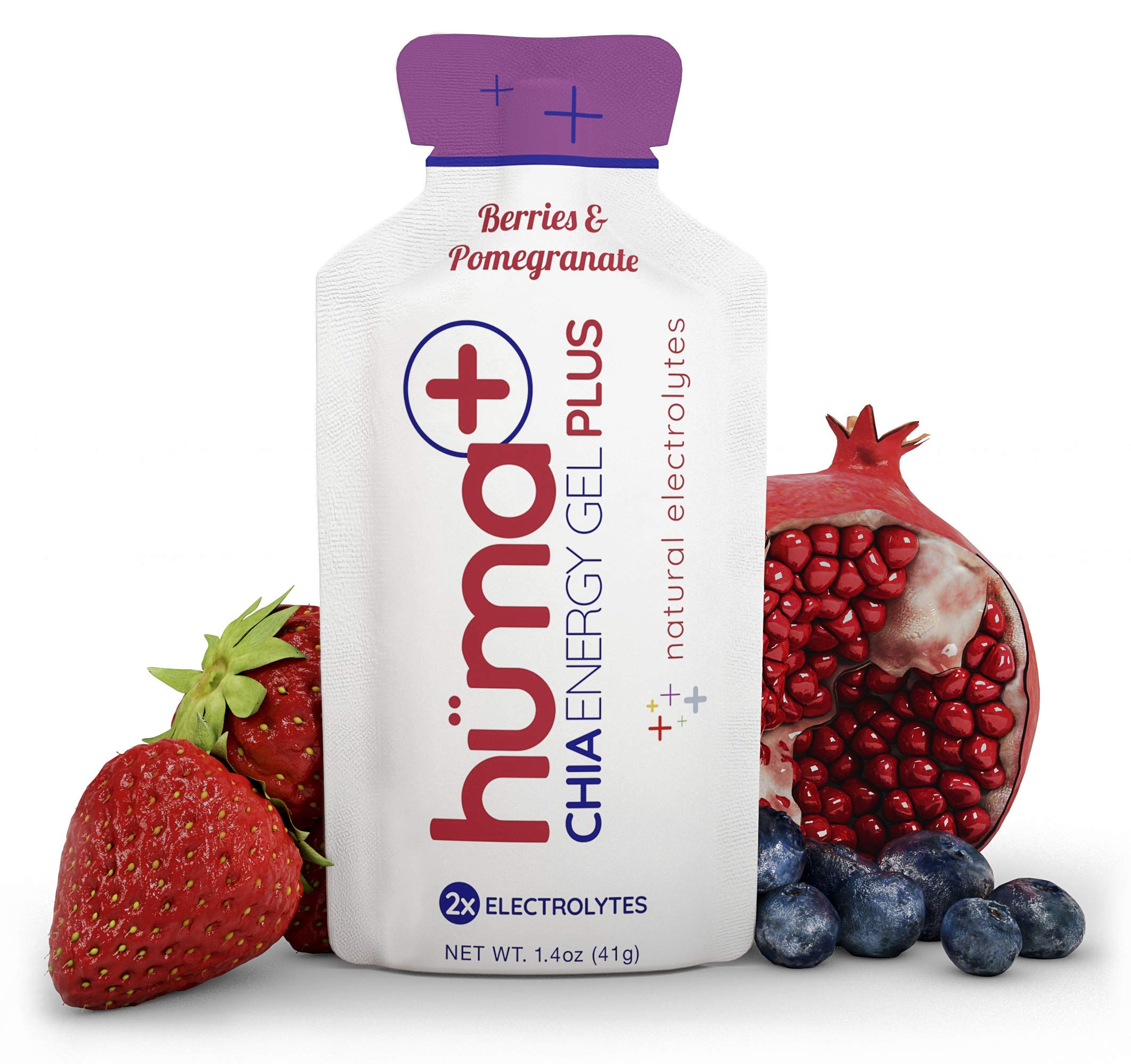Huma Plus (Double Electrolytes) - Chia Energy Gel, Berries & Pomegranate, 24 Gels - Stomach Friendly, Real Food Energy Gels