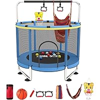 Trampoline for Kids, Adjustable Baby Toddler Trampoline with Basketball Hoop, 220lbs Indoor Outdoor Toddler Trampoline with Enclosure (Blue-E)