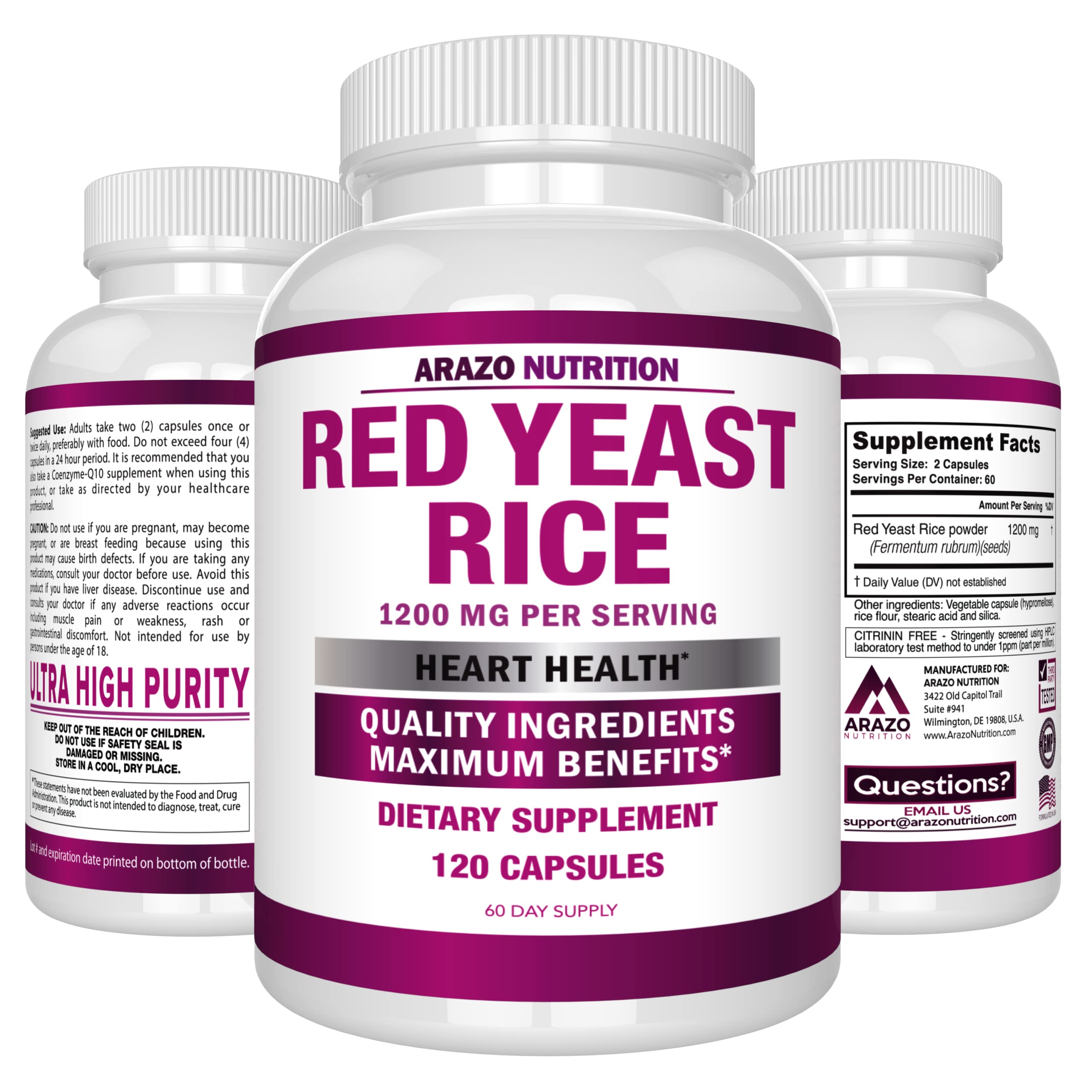 Arazo Nutrition Red Yeast Rice Extract 1200 MG – Citrinin Free Supplement – Vegetarian 120 Capsules