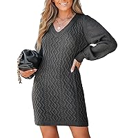 CUPSHE Women Sweater Dress V Neck Knit Ribbed Long Sleeve Pullover Dress Dark Grey
