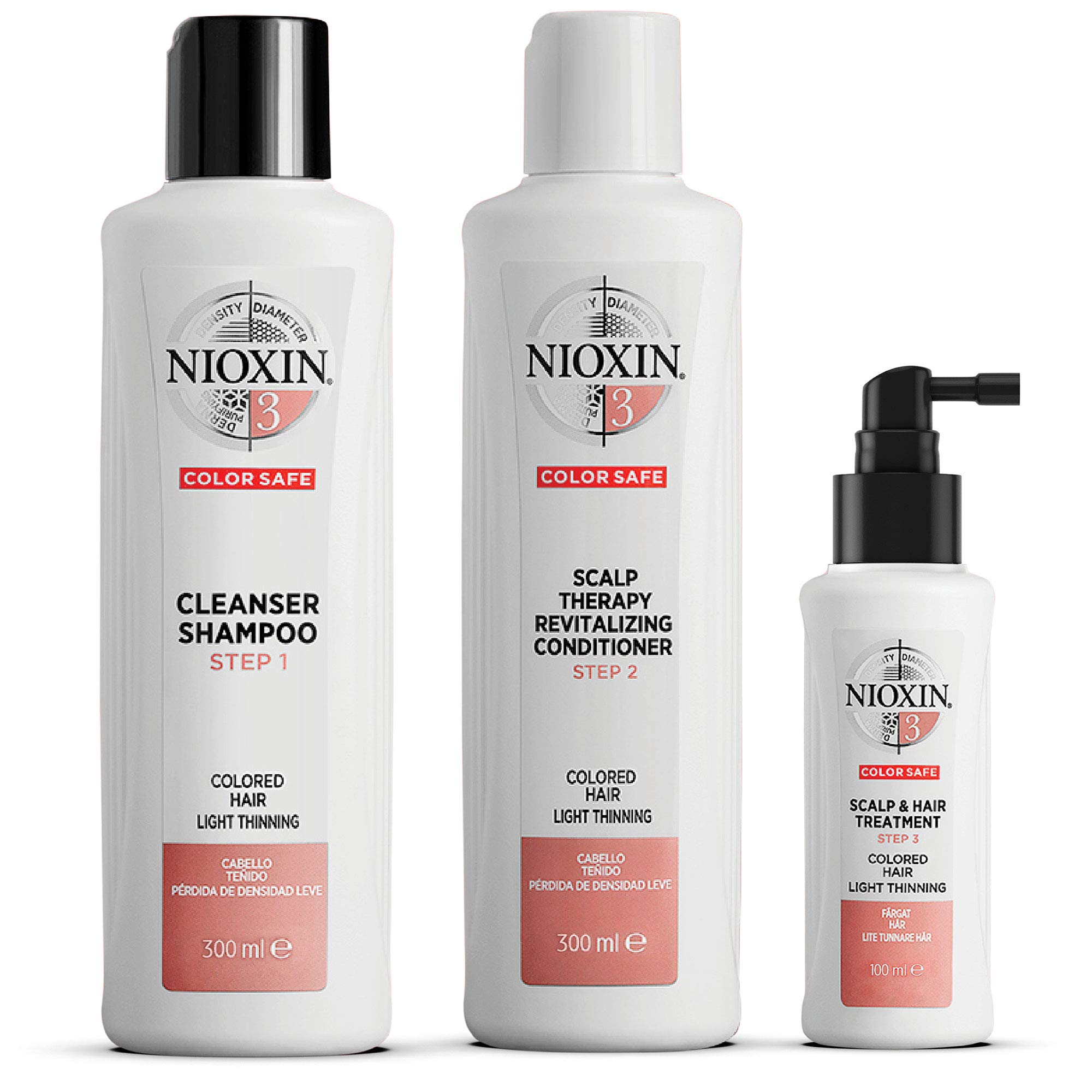 Nioxin System Kit 3, Hair Strengthening & Thickening Treatment, Treats & Hydrates Sensitive or Dry Scalp, For Color Treated Hair with Light Thinning, Full Size (3 Month Supply)