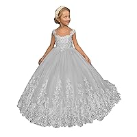 Girls Tulle Flower Dresses Long Pageant Dress A Line Lace Appliques Princess Birthday Party with Bow Knot