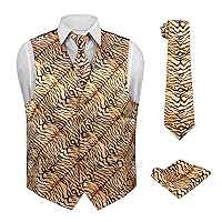 Men's Dress Vest TIGER Animal Pattern Design with Black Background. Animal Zoo Striped Mens Necktie and Hanky Set