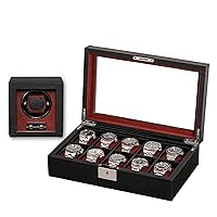 ROTHWELL Gift Set 10 Slot Leather Watch Box & Matching Single Watch Winder - Luxury Watch Case Display Organizer, Locking Mens Jewelry Watches Holder, Men's Storage Boxes Glass Top Black/Red