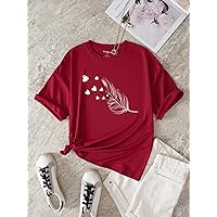 Women's T-Shirt Heart and Feather Print Tee T-Shirt for Women