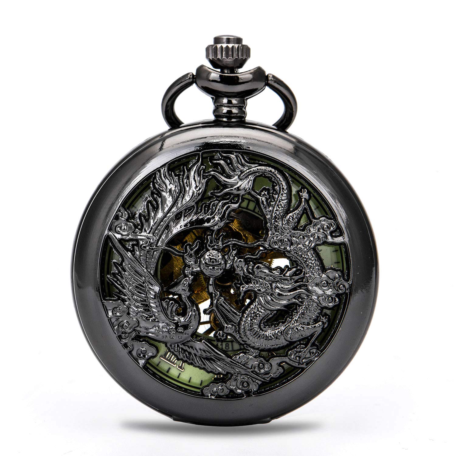 BOSHIYA Vintage Mechanical Pocket Watches for Men Luminous Steampunk Pocket Watch with Chain Black Skeleton Dial Roman Numberals Pocketwatch Gifts for Fathers Day