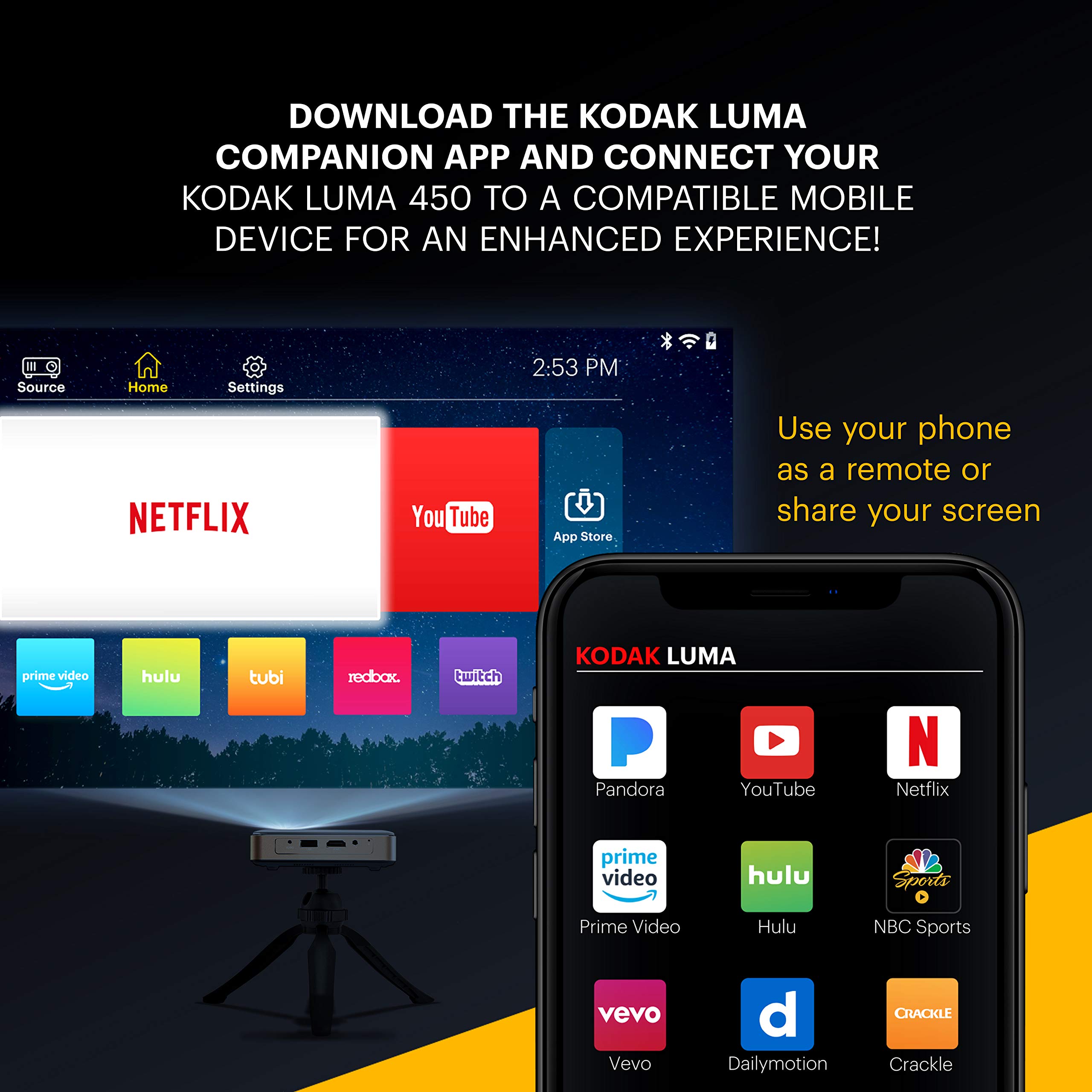 KODAK Luma 450 Portable Full HD Smart Projector | Wi-Fi, Bluetooth, HDMI & USB Compatible Mini Home Theater System Up to 150” | 1080p Native Resolution (4K), 200 Lumens | Tripod Included