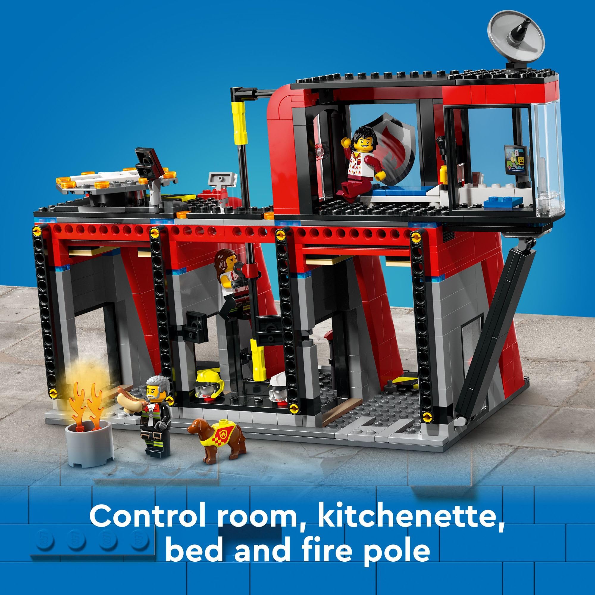 LEGO City Fire Station with Fire Truck Toy, Action Packed Fire Station Toy Playset, Birthday Gift Idea for Kids Ages 6 and Up who Love Pretend Play Toys, Includes a Dog Figure and 5 Minifigures, 60414