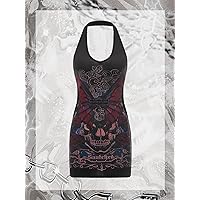 Fall Dresses for Women 2023 Butterfly & Skull Print Cut Out Halter Bodycon Dress Dresses for Women (Color : Black, Size : Medium)