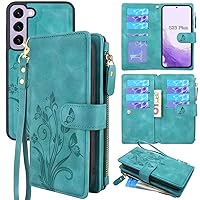 Lacass Compatible with Samsung Galaxy S23+ Plus 2023 Case,[12 Card Slots] ID Credit Cash Holder Zipper Pocket Detachable Magnet Leather Wallet Cover with Wrist Strap Lanyard (Floral Blue Green)