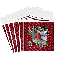 3dRose Greeting Cards - Cardinal in Christmas Frame of Poinsettias and Evergreen, Red, Green - 6 Pack - Christmas Design
