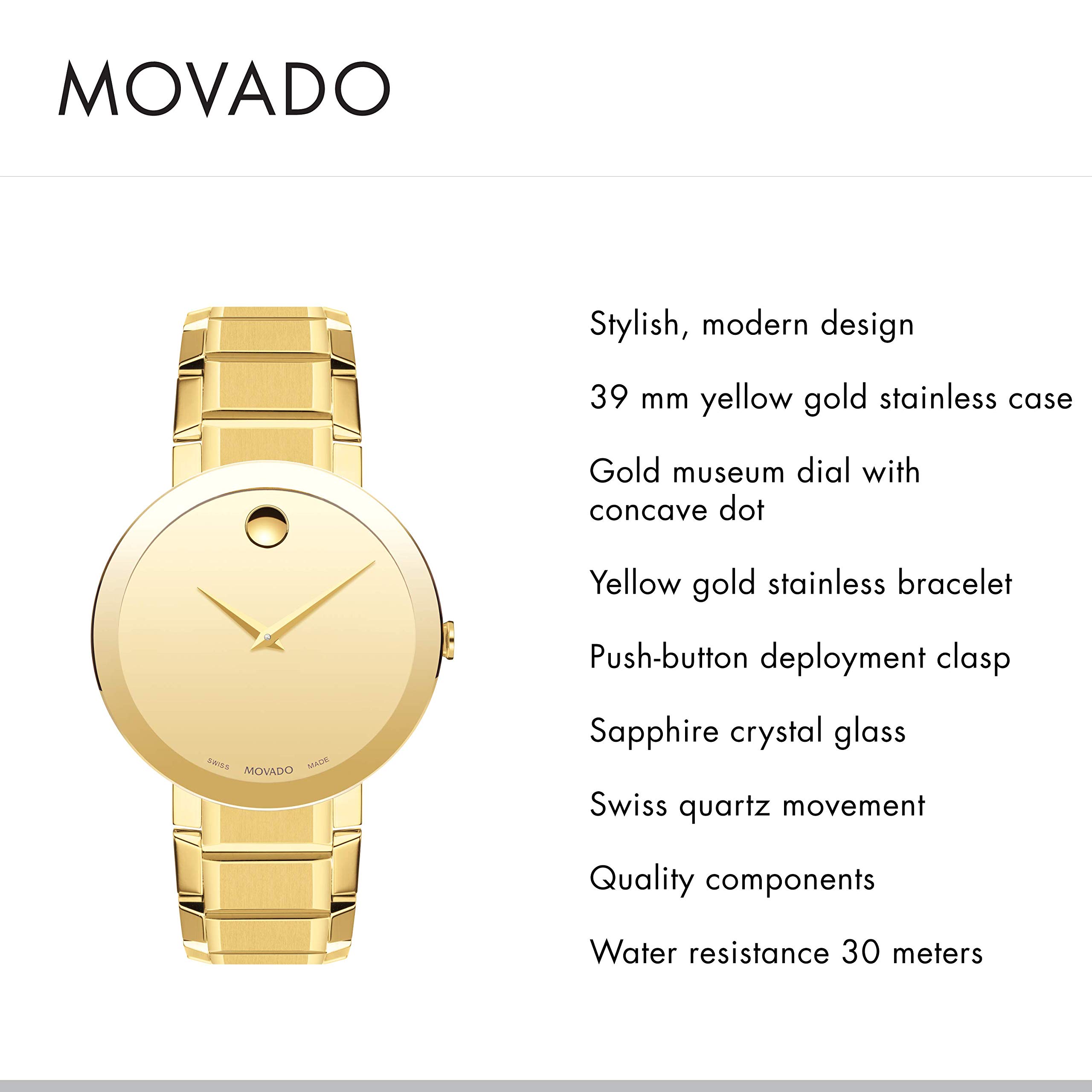 Movado Men's Sapphire Yellow Gold Watch with a Concave Dot Museum Dial, Gold (Model 607180)