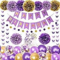 Ouddy Party Purple Birthday Decorations for Women Girls Butterfly Hanging Garland Happy Birthday and Circle Dots Banner Purple Gold Balloons Paper Flowers Cake Toppers for Birthday Party Supplies