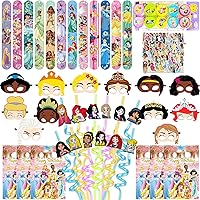 116PCS Princess Party Favor Supplies -Reusable Drinking straws Masks&Slap Bracelets Candy Bags&Princess Stickers Gifts for Kids Birthday Princess Themed Party Favors Birthday Decorations