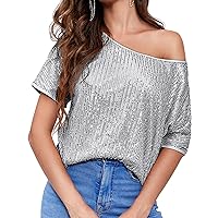 JASAMBAC Women's Sequin Tops Short Sleeve One Shoulder Loose Sexy Sparkle Glitter Party Holiday Club Night Blouses