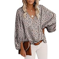 Womens Floral V Neck Blouses Lightweight Loose Long Sleeve Chiffon Tops Casual Printed Lantern Sleeve Top Shirt