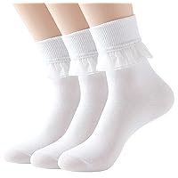 SRYL Women Ankle Socks Lace Turn-Cuff, Cute Ruffle Frilly Comfortable Cotton Socks Ladies Girl Princess,YYS09
