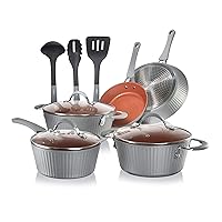NutriChef Nonstick Cookware Excilon |Home Kitchen Ware Pots & Pan Set with Saucepan, Frying Pans, Cooking Pots, Lids, Utensil PTFE/PFOA/PFOS Free, 11 Pcs, Gray