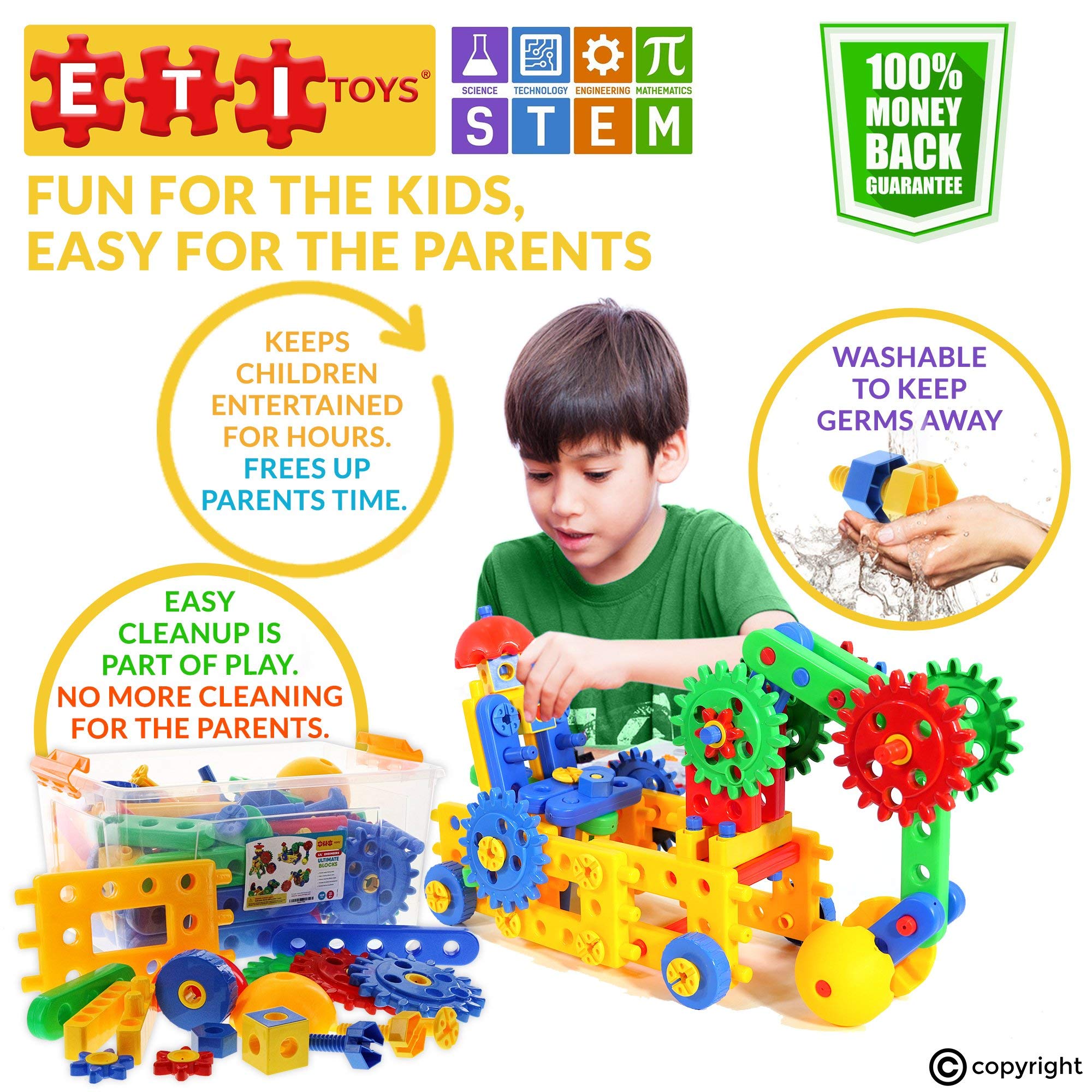 ETI Toys, STEM Learning, 109 Piece Educational Engineering Construction Blocks & Gears Building Set. Build Excavator, Horse & Buggy and More. Gift, Toy for 4, 5, 6, 7 Year Old Boys and Girls