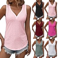 Womens Tank Tops V Neck Eyelet Loose Fit Basic Tops Casual Loose Tunic Blouses Solid Color Causal Summer Sleeveless Shirts 2024 Summer Beach Tee Shirts