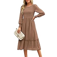 Maggeer Womens 2024 Spring Summer Long Sleeve Wedding Guest Smocked Floral or Chiffon Swiss Dot Midi Dress
