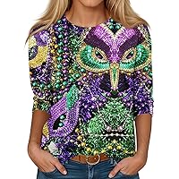 Mardi Gras 2024 Trendy Vintage 3/4 Sleeve Top for Women Carnival Blouse Ladies Mask Printed Casual Round Collar T-Shirt