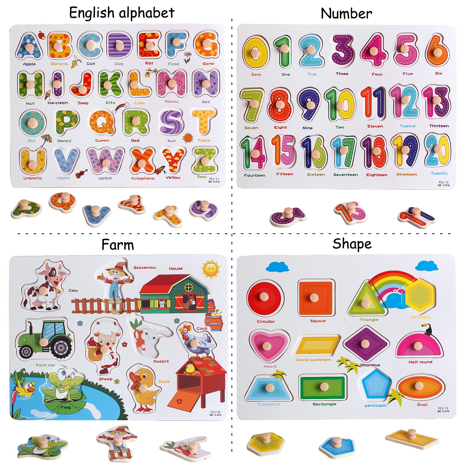 Wooden Peg Puzzles Set for Toddlers 2 3 4 Years Old, Alphabet ABC, Numbers, Shape and Farm Animals Learning Puzzles Board for Kids, Preschool