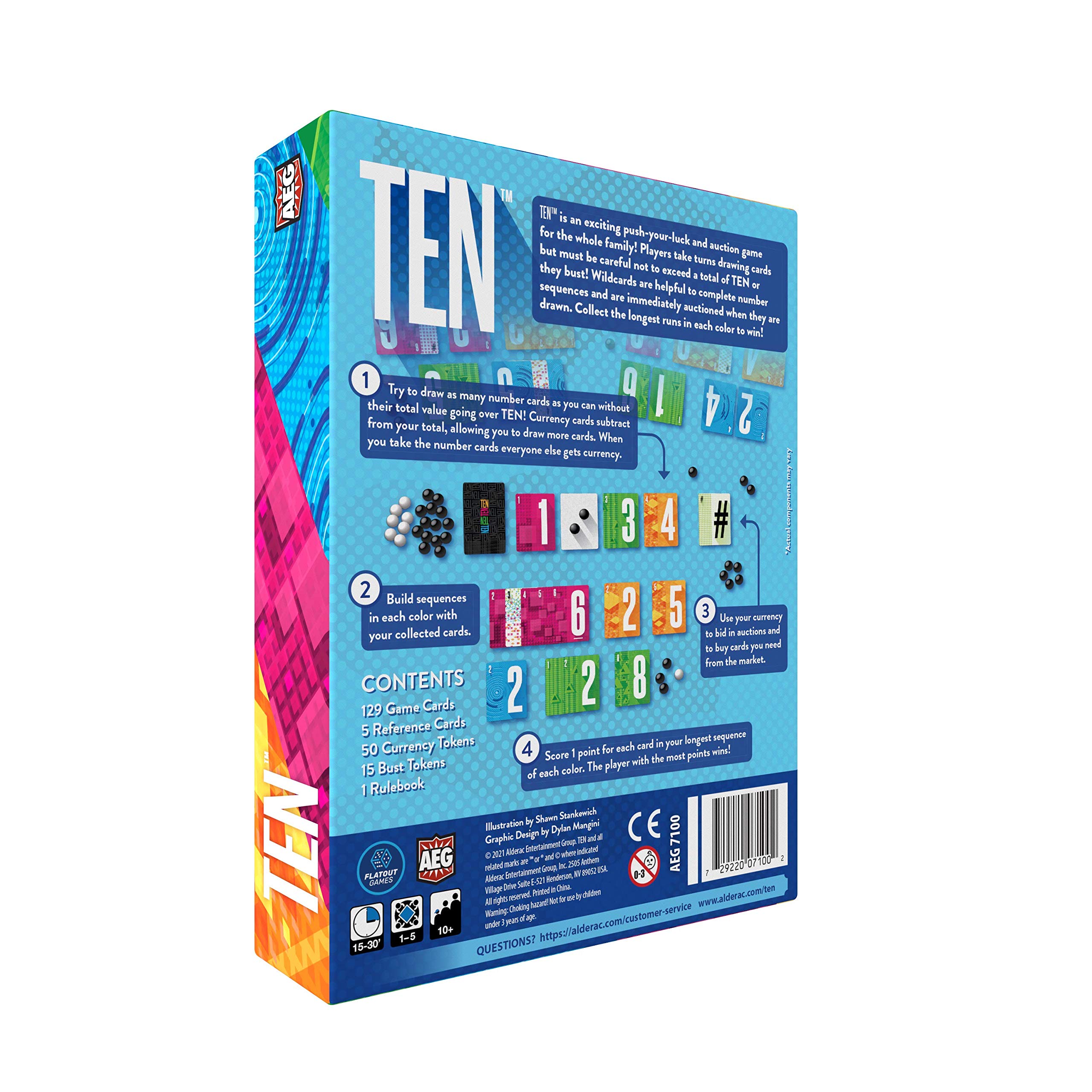 Alderac Entertainment Group (AEG) Ten, Fast and Fun Card Game, Push Your Luck, Family, Casual, Ages 10+, 1-5 Players, 15-30 Min, FlatOut Games, Alderac Entertainment Group (AEG)