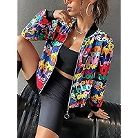 Jackets for Women Graffiti Print Zip Up Bomber Jacket Women's Jackets (Color : Multicolor, Size : Large)