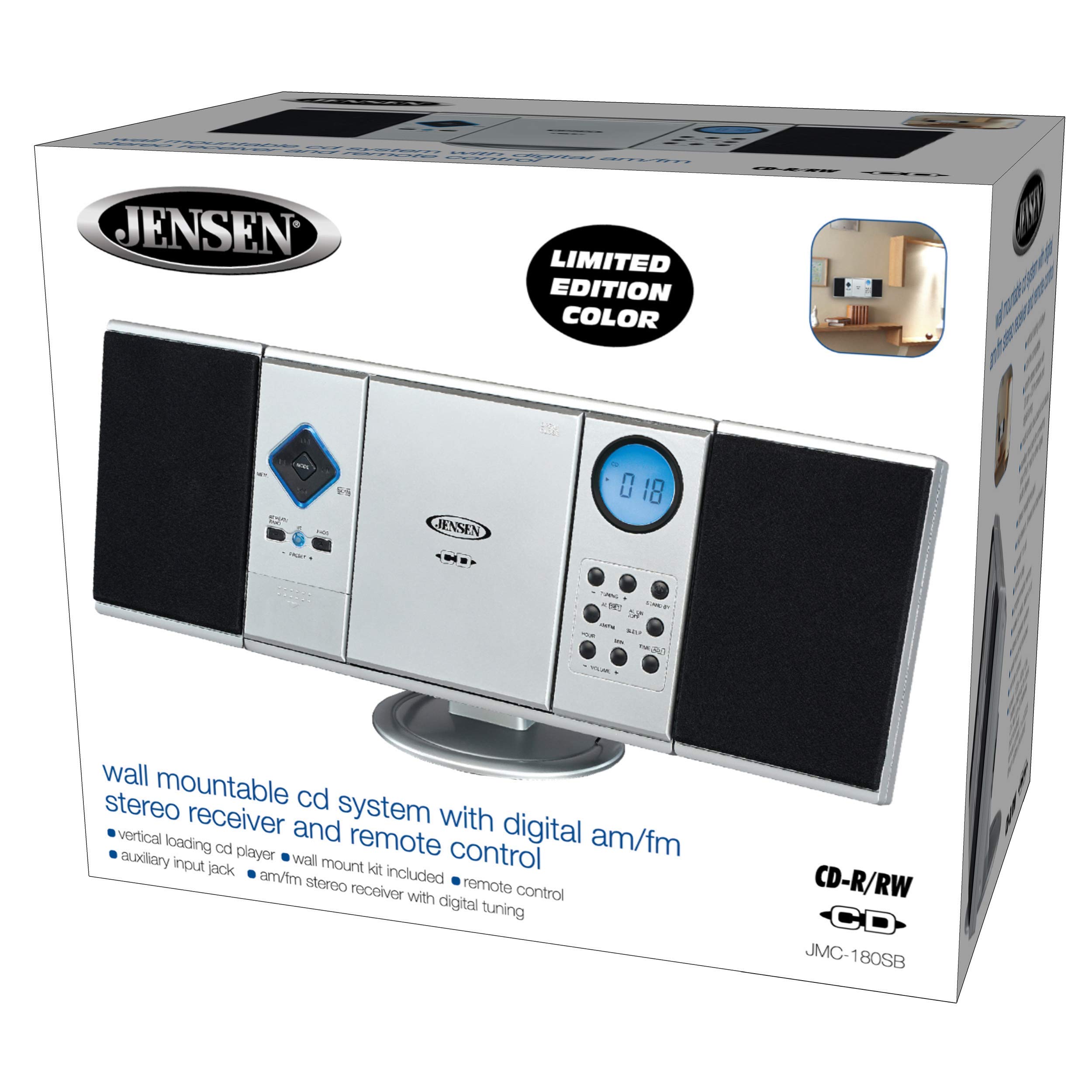 Jensen Modern Black Series JMC-180 Silver Wall Mountable Vertical Loading CD Music System, Digital AM/FM Stereo with Speakers, Aux-in, & Headphone Jack Remote Control (Silver)