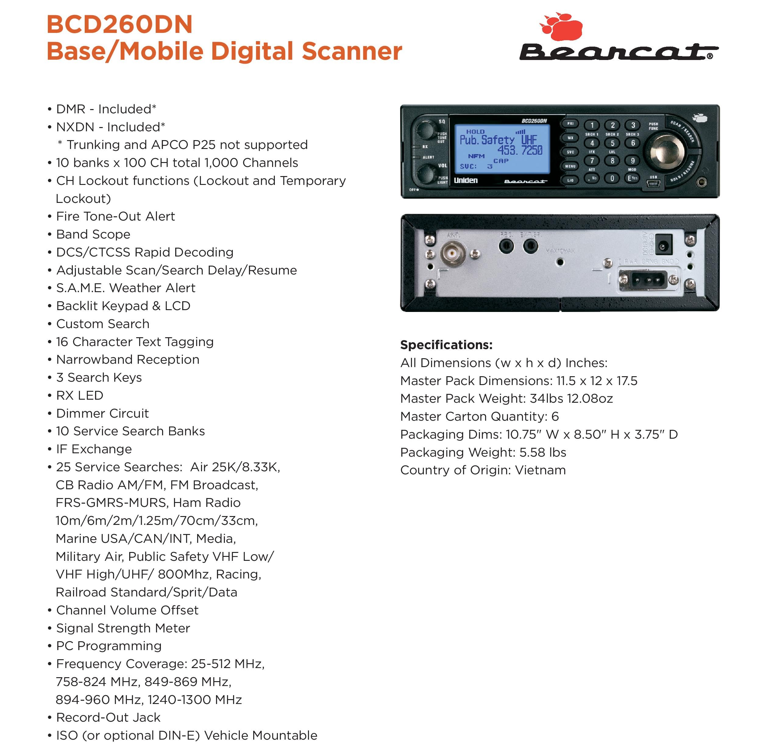 Uniden Bearcat BCD260DN Base/Mobile Digital Scanner, Performance Features, Band Scope Rapid System/Channel Number Tagging, Narrowband Reception, Search Features to Detect Signals Faster Than Ever