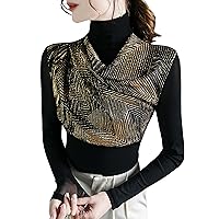 Women's Fashion Tops High Neck Long Sleeve Sequin Pleated Patchwork Blouses Elegant Work Party Dinner Shirts