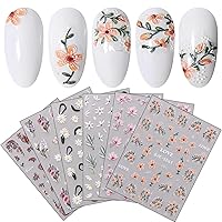 JMEOWIO 6 Sheets 3D Embossed Spring Flower Nail Art Stickers Decals Self-Adhesive Pegatinas Uñas 5D Colorful Summer Floral Pink Nail Supplies Nail Art Design Decoration Accessories
