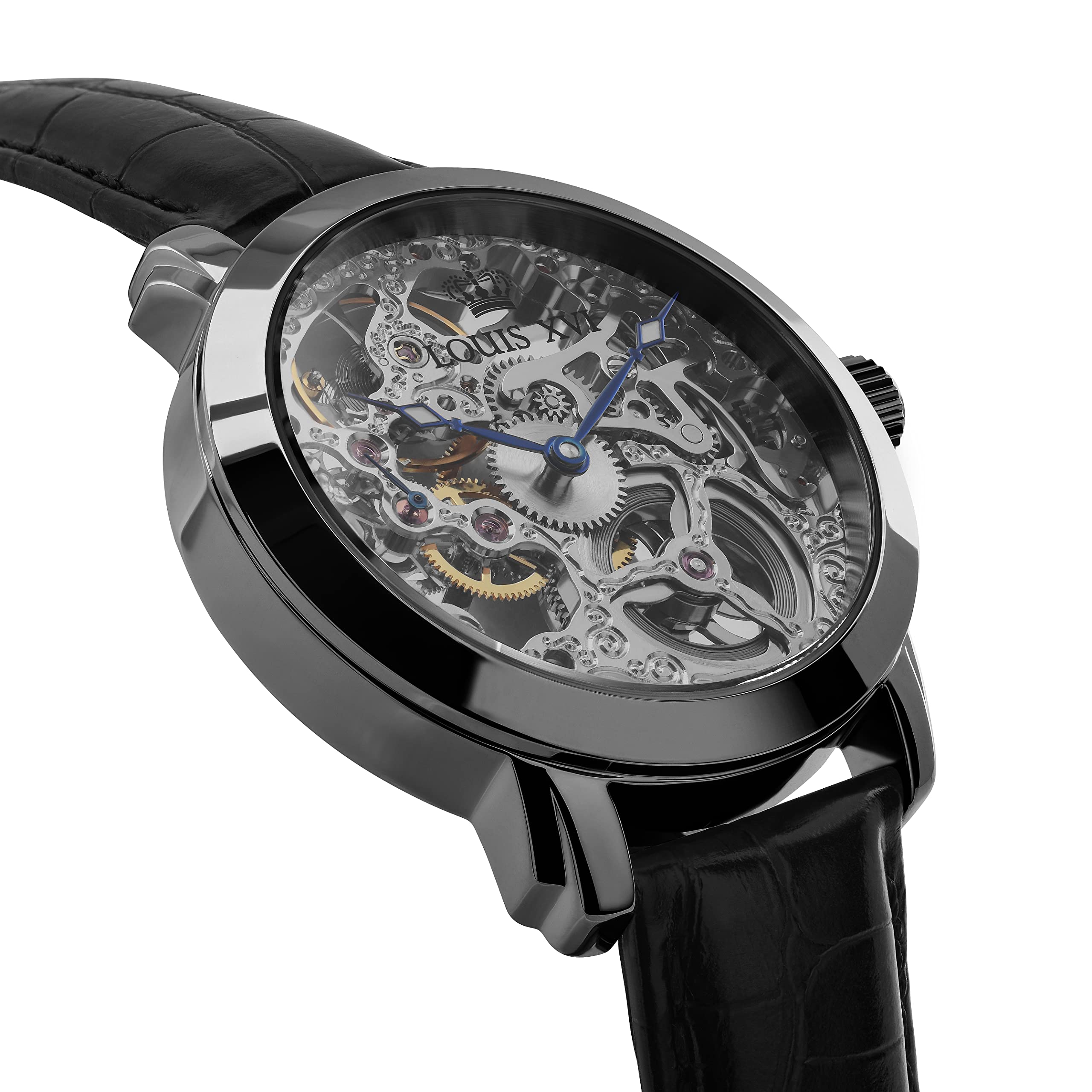 LOUIS XVI Herren-Armbanduhr Versailles Schwarz Handaufzug Mechanisch Skeleton Analog PU-Leder Schwarz 335