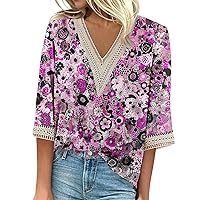 Womens Casual 3/4 Sleeve Shirts Lace V Neck Color Block Dressy Tops Trendy Floral Blouses 2024 Summer Tops for Women