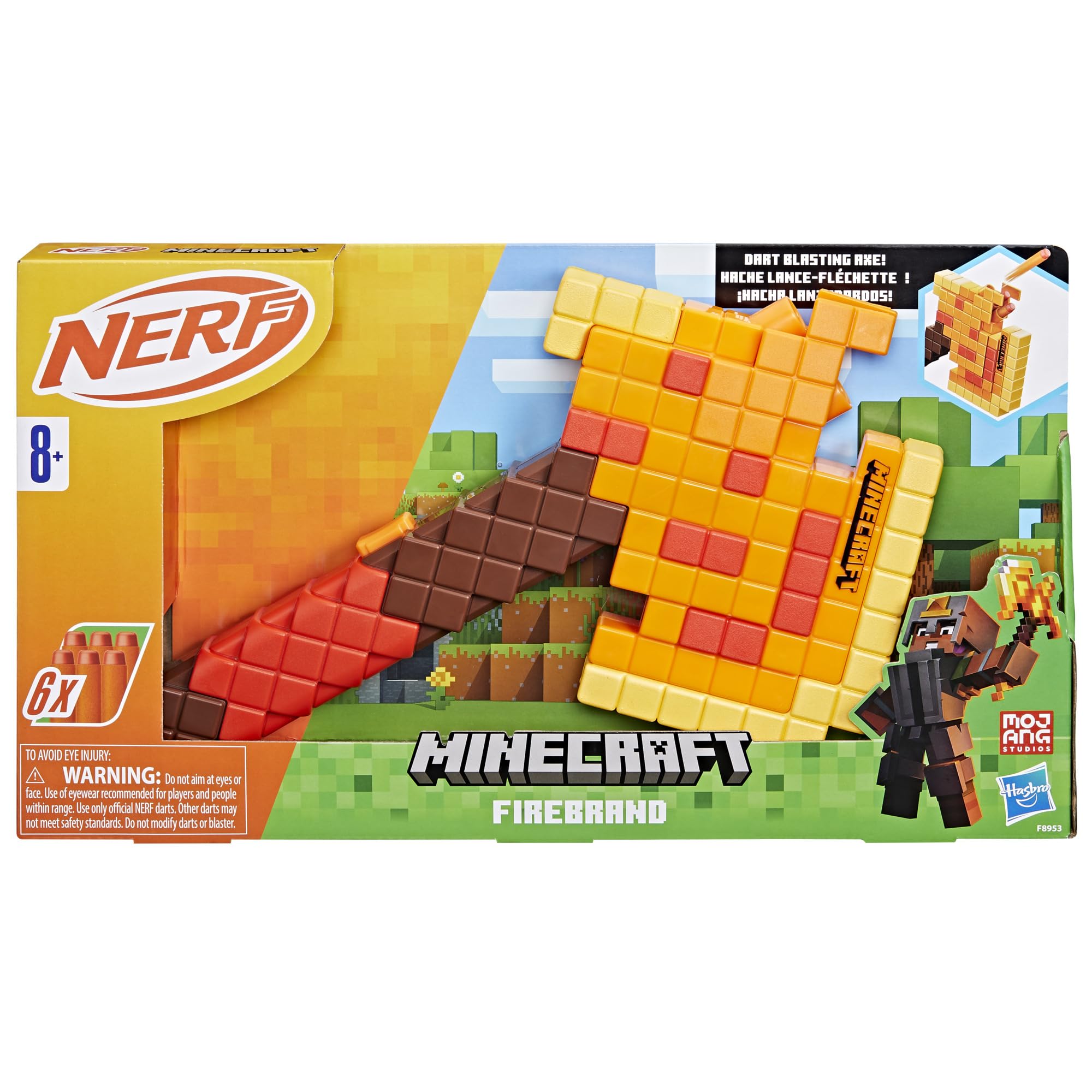 Nerf Minecraft Firebrand, Dart Blasting Axe, 6 Nerf Elite Foam Darts, Design Inspired by Minecraft Axe in The Game, Pull Down Priming, Minecraft Toys