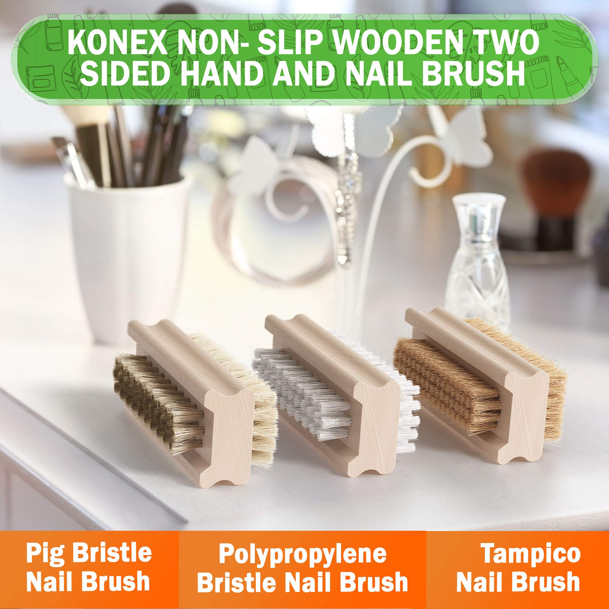 Konex Non-Slip Wooden Two-sided Hand and Nail Brush. Fingernail Brush for Nail Cleaning and Scrubbing. Heavy duty Stiff Nail Brush for Travel. Mechanic hand scrub brush with molded grip.
