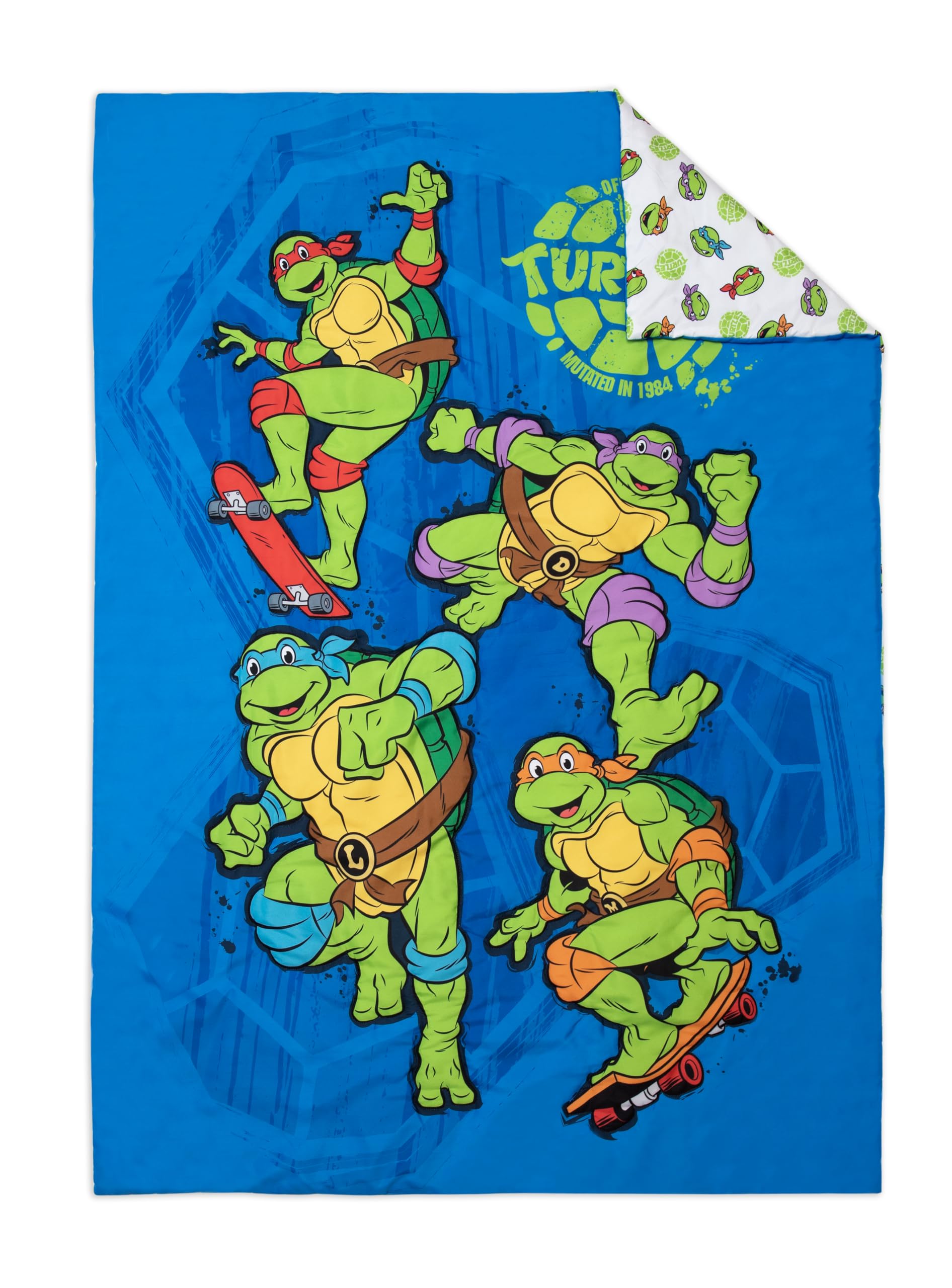 Teenage Mutant Ninja Turtles 4 Piece Toddler Bedding Set – Includes Comforter, Sheet Set – Fitted + Top Sheet + Reversible Pillowcase for Boys Bed, Blue