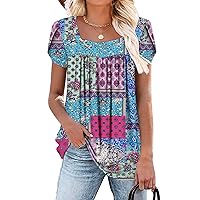 Women's Fashion Petal Short Sleeve Casual Shirts Square Neck Tops for Women Multicolor Large