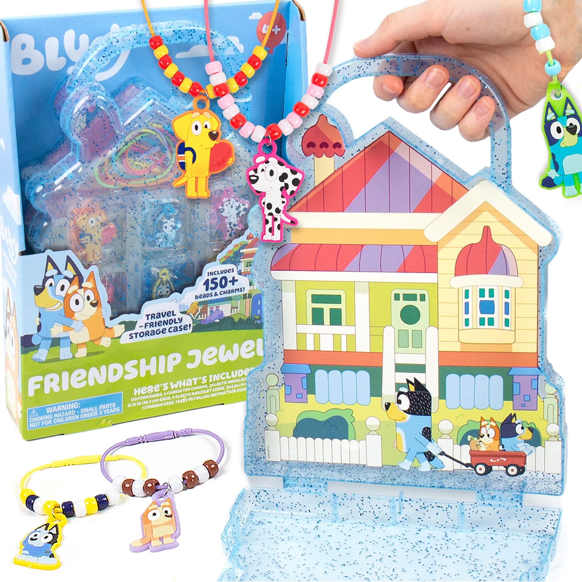Horizon Group USA Bluey Friendship Jewelry, Create 4 Bluey Charm Bracelets & 2 Bluey Charm Necklaces, Includes 150 Beads & 6 Rubber Charms with Bluey Storage Case, Gifts for Kids Boys Girls