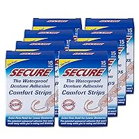 Secure Denture Adhesive Strips – Zinc Free – Waterproof – Comfortable Cushion Fit for Uppers & Lowers – Extra Firm All-Day-Hold – No Mess – Clean Ingredients – 15 Strips (8 Pack) 120 Strips Total
